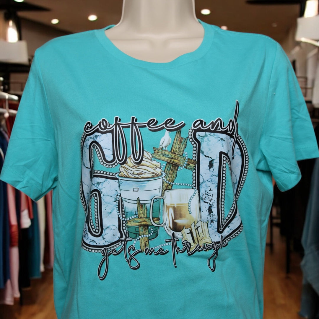 Coffee and God Gets Me Through Tee - Real Moms Boutique LLC