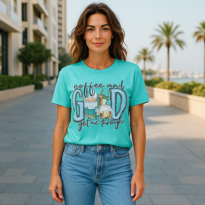 Coffee and God Gets Me Through Tee - Real Moms Boutique LLC
