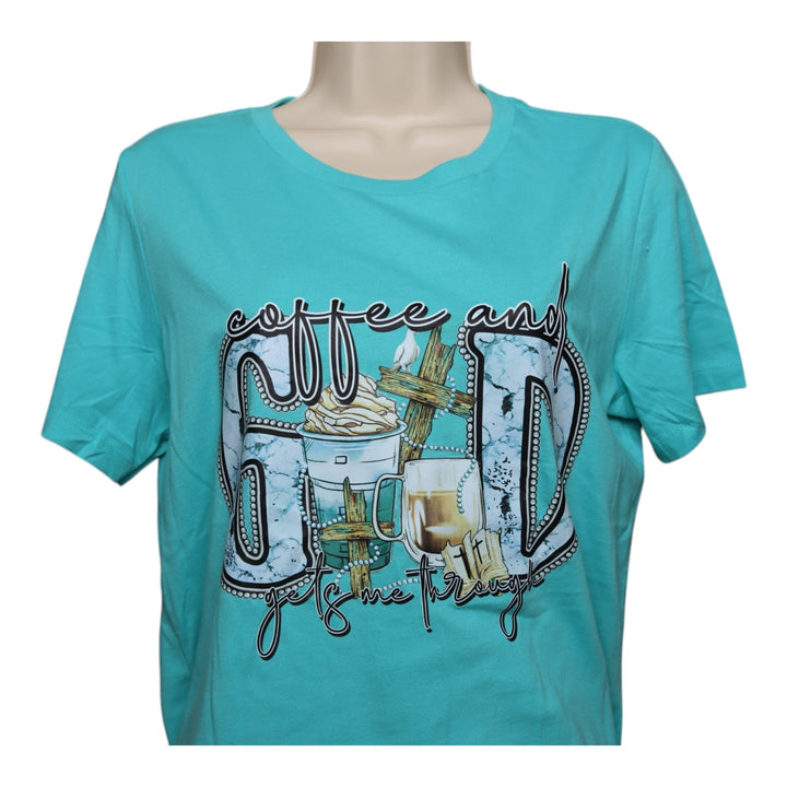 Coffee and God Gets Me Through Tee - Real Moms Boutique LLC