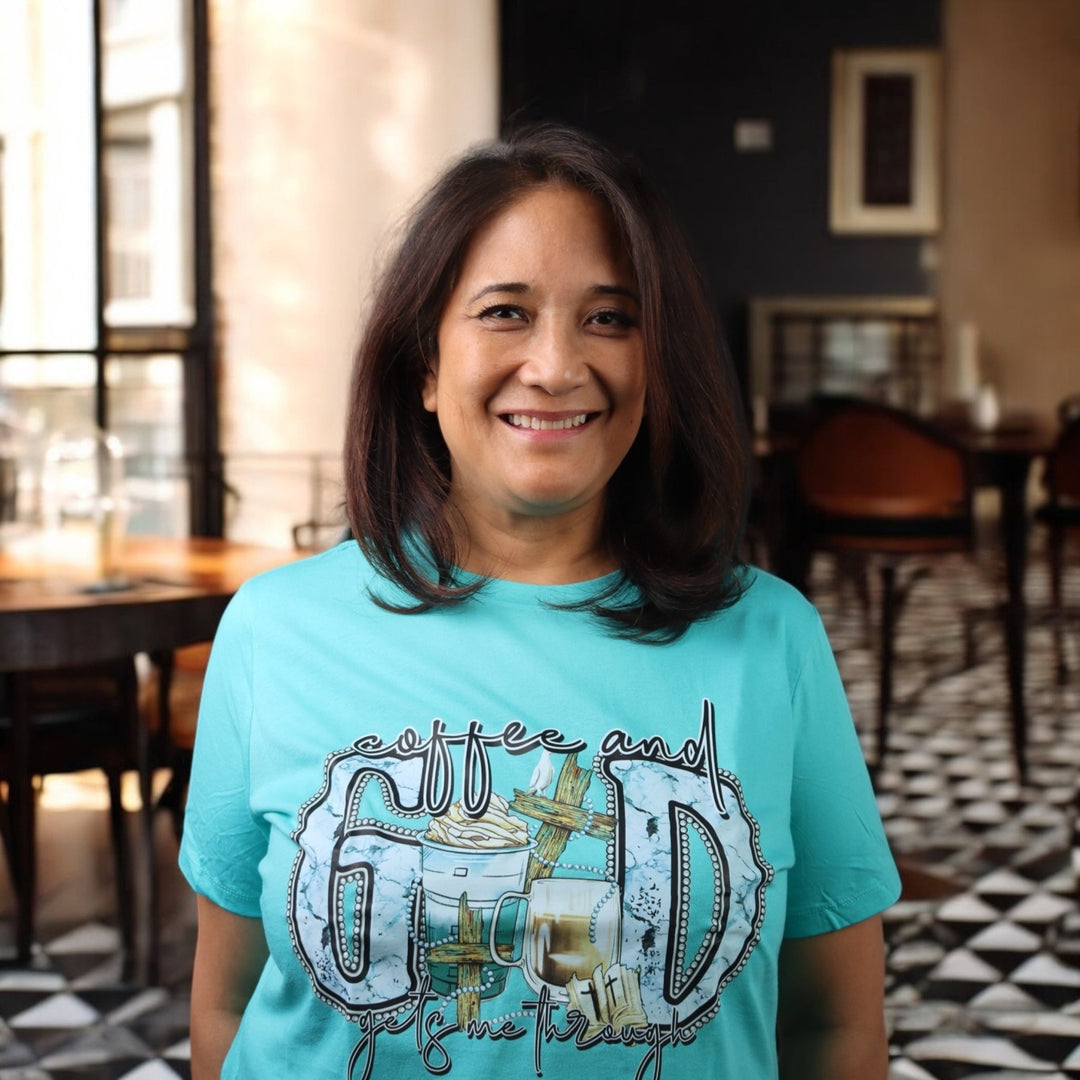 Coffee and God Gets Me Through Tee - Real Moms Boutique LLC